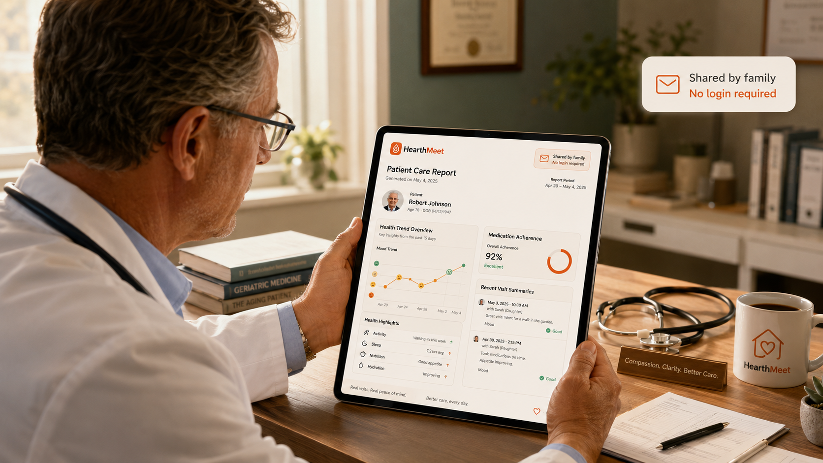 Doctor reviewing a HearthMeet loved one care report on a tablet with no-login sharing