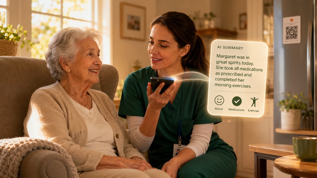 Caregiver recording a voice note after visiting an elderly loved one at home